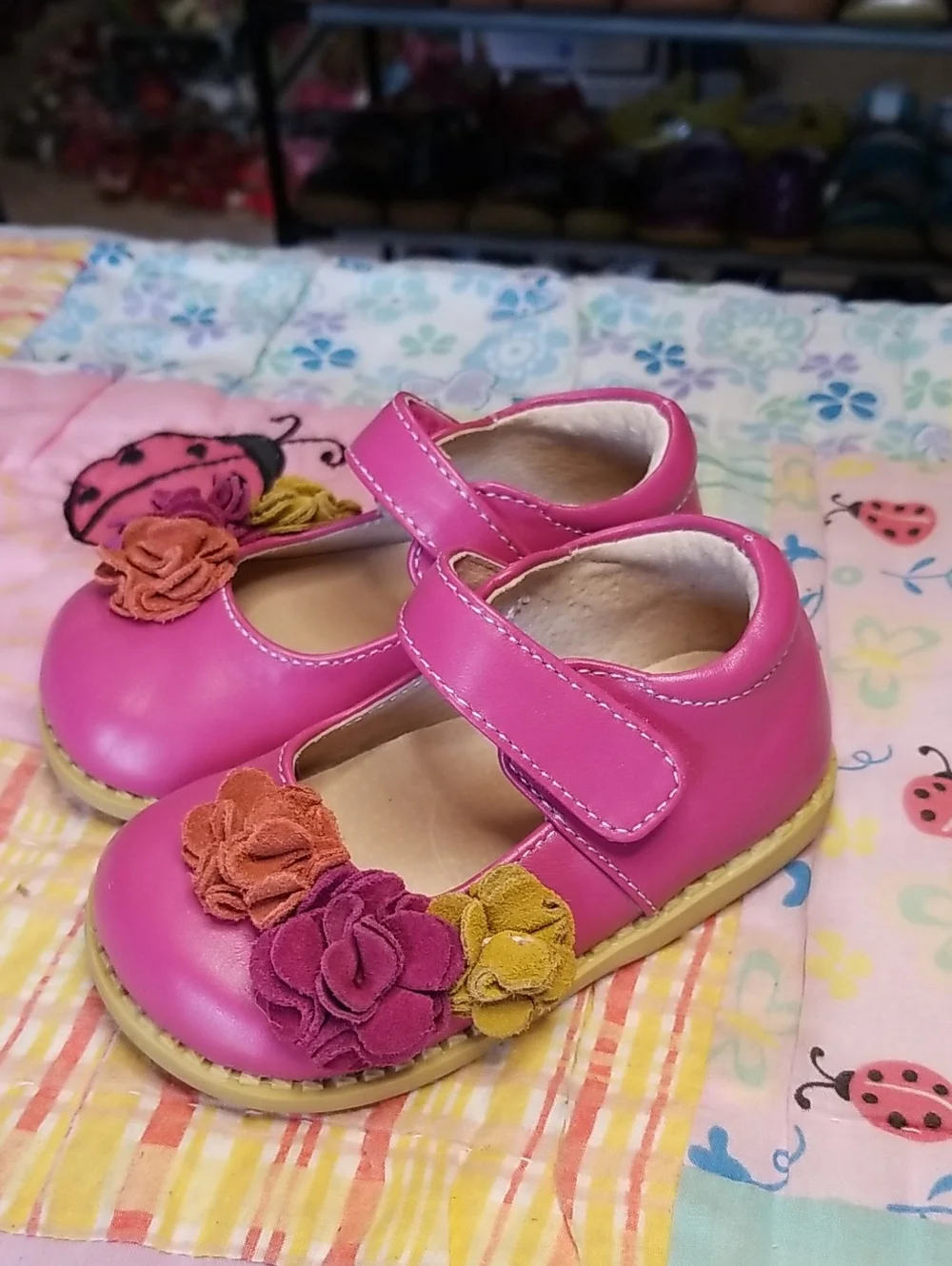 Livie & Luca Bright Pink Leather Mary Jane Shoes with Multicolor Suede Flowers 5